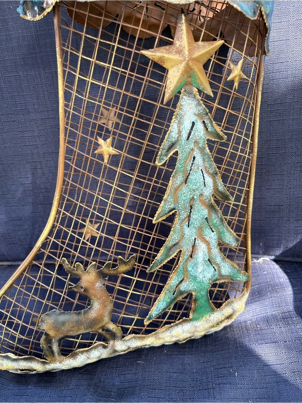 Gold and Teal Metal Christmas Stocking Wall Hanging - Unbranded